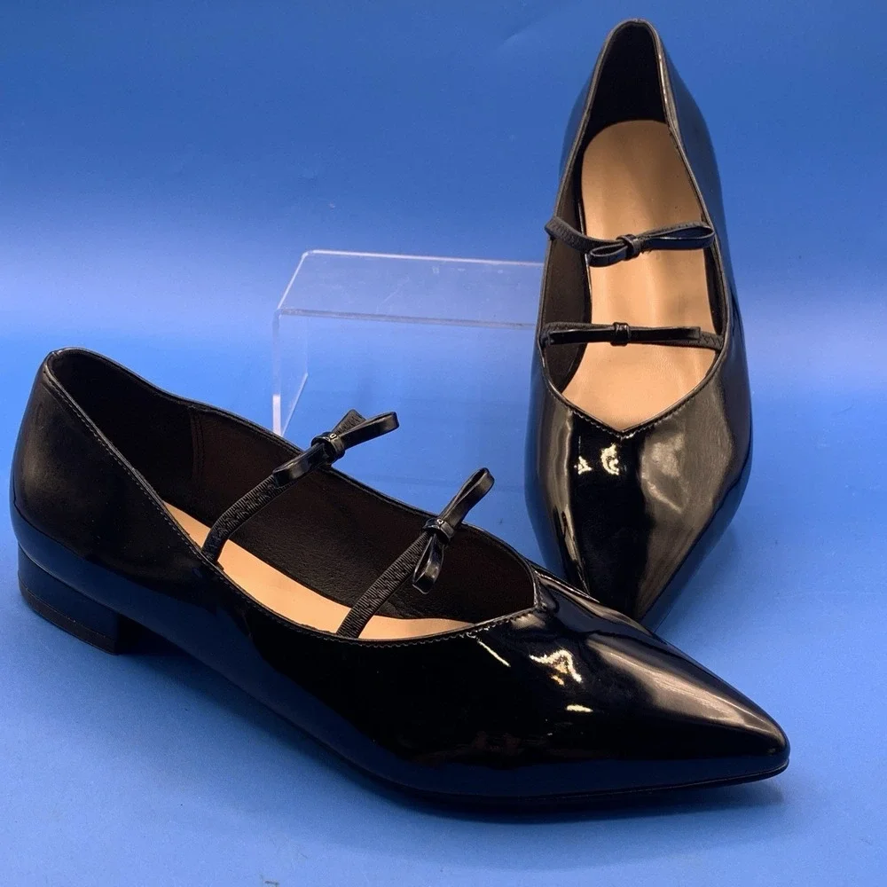 Lovirs Women's Black Double Bow Pointed Toe Faux Patent Leather Flats - Size 10